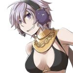  1girl bangs bikini bikini_top black_bikini breasts chain commentary_request deviruchi grin hair_between_eyes headphones jewelry light_purple_hair looking_at_viewer mechanic_(ragnarok_online) medium_breasts natsuya_(kuttuki) necklace o-ring o-ring_top purple_eyes ragnarok_online short_hair simple_background smile solo swimsuit upper_body white_background 