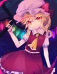  1girl bangs blonde_hair bow closed_mouth collar collared_dress crystal dress flandre_scarlet frilled_collar frilled_dress frills gem glowing glowing_crystal hat hat_bow holding looking_at_viewer medium_hair mob_cap multicolored multicolored_eyes multicolored_wings necktie pink_headwear red_bow red_dress red_eyes red_nails short_sleeves smile solo standing touhou tsukikusa wings yellow_eyes yellow_neckwear 