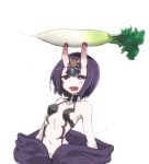  1girl bare_shoulders blush bob_cut commentary_request eyebrows_visible_through_hair fang fate/grand_order fate_(series) headpiece horns not_on_shana oni oni_horns open_mouth purple_eyes purple_hair radish revealing_clothes short_eyebrows shuten_douji_(fate/grand_order) simple_background skin-covered_horns solo thick_eyebrows white_background 