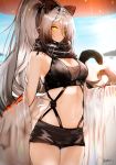  1girl animal_ears arknights artist_name bangs bare_shoulders black_scarf black_shorts blue_sky breasts cat_ears cat_tail cleavage commentary cowboy_shot crop_top day ehrrr eyebrows_visible_through_hair eyes_visible_through_hair hair_over_one_eye highres jacket long_hair looking_at_viewer medium_breasts midriff navel off_shoulder outdoors scarf schwarz_(arknights) short_shorts shorts silver_hair sky solo standing stomach tail thighs twitter_username white_jacket yellow_eyes 