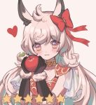  1girl :3 animal_ears apple black_gloves blush bow brown_eyes elbow_gloves food fruit gloves gold_trim hair_bow heart highres holding holding_food holding_fruit lima_(princess_connect) looking_at_viewer princess_connect! princess_connect!_re:dive red_bow simple_background star upper_body white_background white_hair 