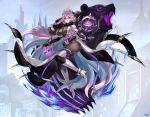  1girl ahoge animal animal_ears armpits bare_shoulders bear boots braid breasts chain company_name detached_sleeves fur_collar gauntlets glasses gloves huge_breasts leotard long_hair looking_at_viewer lost_ragnarok_(phantom_of_the_kill) official_art phantom_of_the_kill purple_hair ribbon serious shadow single_gauntlet single_glove skindentation staff thigh_boots thighhighs vanargand_(phantom_of_the_kill) very_long_hair waist_cape yellow_eyes 