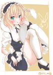  1girl absurdres animal_ears apron bangs blonde_hair blush bunny_ears center_frills commentary eyebrows_visible_through_hair eyes_visible_through_hair fake_animal_ears fleur_de_lapin_uniform floppy_ears frilled_apron frilled_cuffs frilled_hairband frills gochuumon_wa_usagi_desu_ka? green_eyes hair_between_eyes hairband highres holding holding_tray kirima_sharo looking_at_viewer medium_hair open_mouth puffy_short_sleeves puffy_sleeves rits_(apud8788) short_sleeves simple_background solo thighhighs tray twitter_username underbust waist_apron waitress white_apron white_legwear wrist_cuffs 