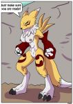  abs anthro black_claws black_sclera breasts canid canine claws comic digimon digimon_(species) female green_eyes hi_res mammal markings nipples red_markings renamon rex_equinox solo text toe_claws tuft yellow_body 