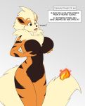  2020 anthro arcanine big_breasts big_tail breasts brown_body brown_fur canid canine english_text featureless_breasts featureless_crotch felid feline female fire_stone fur grey_background hexteknik hi_res holding_breast hybrid mammal nintendo nude orange_body orange_fur pok&eacute;mon pok&eacute;mon_(species) simple_background solo standing stripes tan_body tan_fur text video_games 