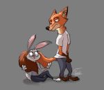  2020 anthro barefoot bottomwear canid canine clothed clothing disney duo eye_contact fluffy fluffy_tail fox fully_clothed fur grey_background grey_body grey_fur inner_ear_fluff judy_hopps lagomorph leporid looking_at_another mammal nick_wilde orange_body orange_fur pants pink_nose rabbit red_fox shirt signature simple_background sitting smile t-shirt tail_grab topwear totino-s tuft zootopia 