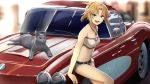  1girl bandeau bangs bare_shoulders belt beppu_mitsunaka braid breasts car cat collarbone cutoffs denim denim_shorts fate_(series) french_braid green_eyes ground_vehicle hair_ornament hair_scrunchie highres jewelry long_hair looking_at_viewer mordred_(fate) mordred_(fate)_(all) motor_vehicle navel necklace open_mouth parted_bangs ponytail red_scrunchie scrunchie shorts sidelocks small_breasts smile strapless thighs tubetop 