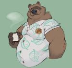  2020 animal_crossing anthro beverage brown_body brown_fur canid canine clothing coffee cute_fangs fur green_background hi_res humanoid_hands male mammal minedoo nintendo overweight overweight_male raccoon_dog shirt simple_background solo tanuki tom_nook_(animal_crossing) topwear video_games 