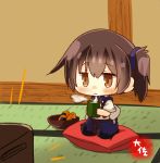  1girl artist_name blue_hakama brown_eyes brown_hair chibi commentary_request cracker cup cushion food hakama hakama_skirt japanese_clothes kaga_(kantai_collection) kantai_collection seiza senbei side_ponytail sitting solo taisa_(kari) tasuki tatami television watching_television yunomi zabuton 