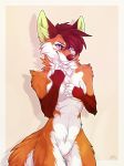  2017 5_fingers anthro antrage border breasts brown_body brown_fur brown_hair brown_nose canid canine covering covering_breasts featureless_crotch female fingerless_(marking) fingers fluffy fox fur green_body green_fur hair hi_res inner_ear_fluff lara_(daniel156161) looking_at_viewer mammal multicolored_body multicolored_fur outside_border pink_eyes portrait short_hair simple_background small_breasts solo tan_background three-quarter_portrait tuft white_body white_border white_fur 