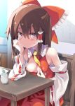  1girl bangs bare_shoulders blush bow breasts brown_hair closed_mouth cup dango detached_sleeves dress eyebrows_visible_through_hair flashing food frilled_bow frilled_shirt_collar frills hair_bow hair_tubes hakurei_reimu hand_on_own_cheek large_bow long_hair long_sleeves looking_at_viewer necktie nipples on_chair one_breast_out oppai_challenge purple_eyes red_dress ribbon-trimmed_sleeves ribbon_trim sidelocks sitting small_breasts smile solo sweat tororo touhou v-shaped_eyebrows wagashi wide_sleeves wooden_table yellow_neckwear yunomi 