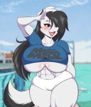  abs anthro big_breasts blush breasts canid canine canis clothing female huge_breasts kristen_wolfheart mammal mastergodai shirt solo topwear wolf 