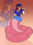  big_breasts bottomwear breasts clothing female fingerless_gloves forked_tongue gloves hair handcuffs handwear hi_res lamia police_hat police_uniform ponytail pose reptile scalie serpentine shackles skirt small_waist snake solo tongue toughset uniform 