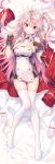  1girl azur_lane bed_sheet blush breasts cleavage coat coat_removed dakimakura fingerless_gloves gloves grenville_(azur_lane) highlights large_breasts long_hair lying multicolored_hair on_back pink_hair red_eyes riichu side_ponytail smile thighhighs white_legwear 