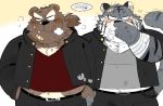  2020 anthro belly black_nose blush bottomwear clothing cute_fangs duo felid hand_holding hyaku_(artist) kemono male male/male mammal overweight overweight_male pantherine pants scar shirt tiger topwear ursid 