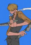  1boy blonde_hair blue_background cigarette dual_wielding from_side hair_over_one_eye hiraharu holding holding_knife knife male_focus one_piece sanji short_hair sleeves_rolled_up smoking solo vest 