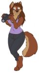  2020 4_toes 5_fingers anthro barefoot camera canid canine canis clothed clothing digital_media_(artwork) digitigrade domestic_dog female fingers hi_res mammal mlice purple_eyes simple_background smile solo toes white_background wolfyne 