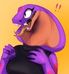  2020 4_fingers anthro breasts digital_media_(artwork) female fingers fivel non-mammal_breasts open_mouth reptile scalie simple_background smile snake solo teeth tongue yellow_background 