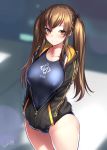  1girl 404_logo_(girls_frontline) :3 absurdres black_jacket blue_swimsuit blurry blurry_background bosshi breasts brown_eyes brown_hair closed_mouth collarbone competition_swimsuit covered_nipples cowboy_shot depth_of_field enty_reward girls_frontline grey_swimsuit hair_ornament hair_ribbon hairclip hands_in_pockets highres jacket large_breasts long_hair long_sleeves looking_at_viewer medium_breasts one-piece_swimsuit paid_reward ribbon smile solo standing swimsuit swimsuit_under_clothes twintails ump9_(girls_frontline) 