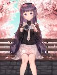  1girl absurdres bangs black_shirt blunt_bangs camera cardcaptor_sakura cherry_blossoms commentary_request daidouji_tomoyo eyebrows_visible_through_hair feet_out_of_frame hat highres holding holding_camera junkt729 long_hair long_sleeves looking_at_viewer necktie outdoors pleated_skirt purple_eyes shirt sitting skirt smile solo wavy_hair white_headwear white_neckwear white_skirt 