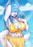  2020 5_fingers abs absurd_res ahoge anthro bikini blue_hair breasts canid canine chest_tuft chikarasox cleaveage clothing colored_nails detailed_background female fingers fur grey_nose hair hair_over_eye hi_res inner_ear_fluff kemono long_hair mammal nails navel one_eye_obstructed open_mouth outside raised_arm sea seaside solo standing swimwear teeth tuft water white_body white_fur 