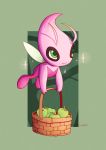  alternate_color artisadie basket celebi commentary creature english_commentary flying food fruit full_body gen_2_pokemon green_background green_eyes highres holding holding_basket mythical_pokemon no_humans pokemon pokemon_(creature) shiny_pokemon signature simple_background solo sparkle 