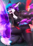  2020 5_fingers anthro black_nose blue_eyes blue_hair canid canine clothed clothing digital_media_(artwork) female fingers fox fur hair kammi-lu mammal open_mouth purple_body purple_fur solo teeth tongue 