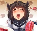  1girl absurdres ahoge black_neckwear blush breasts brown_hair chopsticks commentary_request eyebrows_visible_through_hair feeding food gradient gradient_background hair_between_eyes hair_flaps hairband hatsuzuki_(kantai_collection) heart heart-shaped_pupils highres kantai_collection looking_at_viewer meat medium_breasts medium_hair neckerchief nuka_(nvkka) open_mouth plate pov roast_beef sailor_collar saliva shirt solo symbol-shaped_pupils tongue white_serafuku white_shirt yellow_eyes 