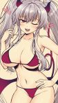  1girl absurdres bangs bikini blush breasts brown_eyes cowboy_shot demon_horns demon_tail demon_wings eyebrows_visible_through_hair fang gradient_horns grim_aloe hair_between_eyes hand_on_hip heart highres honami_(yths4221) horns large_breasts long_hair looking_at_viewer low_wings micro_bikini navel one_eye_closed open_mouth purple_bikini quiz_magic_academy silver_hair simple_background solo swimsuit tail twintails very_long_hair wings 