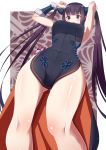  1girl armpits arms_up bangs bare_shoulders black_dress blue_eyes blunt_bangs blush border breasts china_dress chinese_clothes covered_navel detached_sleeves dress fate/grand_order fate_(series) from_below hair_ornament highres kawaruhi large_breasts long_hair looking_at_viewer open_mouth perspective purple_background purple_hair revision sidelocks smile solo thighs twintails very_long_hair white_border yang_guifei_(fate/grand_order) 