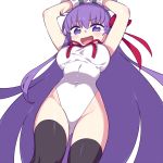  1girl arms_up bangs bb_(fate)_(all) bb_(fate/extra_ccc) blush breasts chan_co covered_navel fate/extra fate/extra_ccc fate_(series) gloves hair_ribbon highleg highleg_leotard large_breasts leotard long_hair looking_at_viewer neck_ribbon open_mouth purple_eyes purple_hair red_ribbon ribbon simple_background solo tearing_up thighs very_long_hair white_background white_gloves white_leotard 