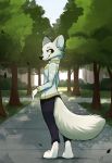 2020 anthro black_nose butt_pose canid canine clothed clothing digital_media_(artwork) female fingers fox fur hi_res mammal pose sepiapaws solo standing toes white_body white_fur yellow_eyes 