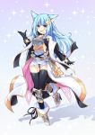  1girl animal_ears azur_lane bangs binato_lulu black_gloves black_legwear blue_hair blunt_bangs boots breastplate commentary_request cosplay eyebrows_visible_through_hair fox_ears gloves gradient gradient_background granblue_fantasy hair_between_eyes jacket long_hair long_jacket long_sleeves looking_at_viewer neptune_(azur_lane) open_clothes open_hand open_jacket open_mouth shadow shell_hair_ornament sidelocks solo thighhighs white_background yuisis_(granblue_fantasy) yuisis_(granblue_fantasy)_(cosplay) zettai_ryouiki 