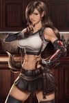  1girl abs arm_guards bangs black_gloves black_legwear black_skirt bottle breasts brown_hair cabinet collarbone crop_top earrings elbow_gloves final_fantasy final_fantasy_vii final_fantasy_vii_remake finger_to_mouth fingerless_gloves gloves hand_on_hip highres indoors jewelry large_breasts long_hair looking_at_viewer low-tied_long_hair navel pleated_skirt red_eyes shushing sirenlin skirt sleeveless solo sports_bra suspender_skirt suspenders tank_top thighhighs tifa_lockhart very_long_hair white_crop_top white_tank_top wine_bottle zettai_ryouiki 