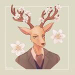  1:1 2020 anthro antlers beastars border brown_body brown_fur bust_portrait cervid clothed clothing flower fur furixu horn louis_(beastars) male mammal plant portrait simple_background solo white_border 