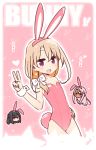 1girl :d alternate_costume animal_ears bangs bare_arms bare_shoulders blonde_hair bow bunny_ears bunny_tail bunnysuit chibi chibi_inset chloe_von_einzbern commentary eyebrows_visible_through_hair fake_animal_ears fake_tail fate/kaleid_liner_prisma_illya fate_(series) flat_chest hair_between_eyes hair_bow hair_over_shoulder hairband heart illyasviel_von_einzbern leotard long_hair looking_at_viewer miyu_edelfelt open_mouth outline pink_background pink_eyes pink_hairband pink_leotard simple_background smile solo_focus tail v white_bow white_outline wrist_cuffs yoru_nai 