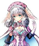  1girl blue_eyes breasts cape cleavage gloves grey_hair hat head_wings looking_at_viewer medium_breasts melia planifolia_666 silver_hair simple_background smile solo upper_body white_background white_gloves xenoblade_(series) xenoblade_1 