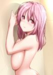  1girl ass bangs blush breast_press breasts commentary_request eyebrows_visible_through_hair hair_between_eyes hands_up highres indoors large_breasts long_hair nori_tamago nude parted_lips pink_hair red_eyes saigyouji_yuyuko solo sweat touhou upper_body 