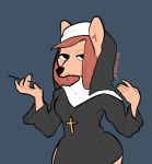  anthro canid canine cigarette cross female fox hair hi_res looking_at_viewer mammal nun nun_outfit red_clover_(artist) red_hair simple_background solo 