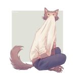  1:1 2020 anthro beastars bottomwear canid canine canis cheek_tuft claws clothed clothing facial_tuft fully_clothed fur furixu grey_body grey_fur legoshi_(beastars) male mammal pants shirt simple_background sitting solo toe_claws topwear tuft wolf 