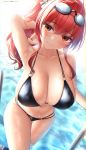  1girl arm_behind_head arm_up armpits azur_lane bangs bare_shoulders bikini black_bikini blush breasts cleavage closed_mouth collarbone goggles goggles_on_head highres large_breasts long_hair looking_at_viewer mhru navel o-ring o-ring_bikini orange_eyes poolside red_hair side_ponytail sidelocks smile solo swimsuit thighs water wet zara_(azur_lane) zara_(poolside_coincidence)_(azur_lane) 