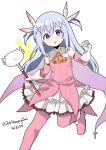  1girl :o ascot bangs bare_shoulders blue_eyes boots cape cosplay dated eyebrows_visible_through_hair fate/kaleid_liner_prisma_illya fate_(series) feathers gloves gochuumon_wa_usagi_desu_ka? hair_between_eyes hair_feathers hair_ornament highres kafuu_chino light_blue_hair long_hair looking_at_viewer magical_girl pink_footwear prisma_illya prisma_illya_(cosplay) simple_background sleepyowl_(jobkung15) solo thigh_boots thighhighs tippy_(gochiusa) twitter_username two_side_up wand white_background white_gloves x_hair_ornament yellow_neckwear 