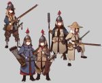  5girls armor arrow black_hair blue_eyes bow_(weapon) brown_hair cape chinese_armor commentary fangdan_runiu full_armor grey_background gun hair_between_eyes hair_over_one_eye hat helmet holding holding_gun holding_weapon looking_at_viewer multiple_girls original purple_eyes quiver sheath sheathed simple_background smile sword weapon 