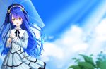  1girl :d amamiya_kokoro aoi_thomas bangs bell beret black_ribbon blue_hair blue_headwear blue_sky blurry blurry_background bow brown_eyes center_frills cloud commentary_request day depth_of_field eyebrows_visible_through_hair frills gradient_hair grey_bow grey_jacket grey_skirt hair_bell hair_between_eyes hair_ornament hair_ribbon hairclip hat highres holding holding_umbrella jacket jingle_bell juliet_sleeves long_hair long_sleeves looking_at_viewer multicolored_hair neck_ribbon nijisanji open_mouth outdoors pleated_skirt puffy_sleeves ribbon shirt skirt sky smile solo transparent transparent_umbrella two_side_up umbrella very_long_hair virtual_youtuber white_shirt x_hair_ornament yellow_eyes 