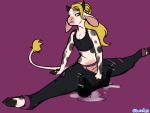  4:3 annoyed anthro blonde_hair bodily_fluids bovid bovine bra cattle clothing female hair halcy0n hi_res horn lactating mammal milk simple_background solo sports_bra teats udders underwear yoga_pants 