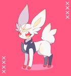  blush brown_eyes cinderace clarevoir closed_mouth commentary commission creature english_commentary full_body fusion gen_6_pokemon gen_8_pokemon no_humans pokemon pokemon_(creature) simple_background smile solo standing sylveon 
