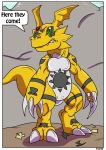  black_markings black_sclera claws comic digimon digimon_(species) female genitals green_eyes guilmon hi_res markings pussy reptile rex_equinox scalie teeth toe_claws white_claws yellow_body 