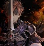 1boy armor binding_blade_(weapon) black_background blue_cape blue_eyes blue_gloves cape closed_mouth commentary embers fire fire_emblem fire_emblem:_the_binding_blade gloves hair_between_eyes headband looking_at_viewer one_eye_covered orange_hair roy_(fire_emblem) senano-yu short_hair simple_background solo spiked_hair upper_body 