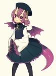  1girl :3 bangs beige_background black_dress black_headwear black_legwear black_skirt blush crossed_bangs demon_wings dragon_tail dress feet_out_of_frame frilled_skirt frills hair_between_eyes hat hat_ornament mamyouda medium_hair oni_horns original pantyhose pointy_ears purple_eyes purple_hair purple_wings skin-covered_horns skirt sleeves_past_fingers sleeves_past_wrists solo tail white_sleeves wide_sleeves wings 