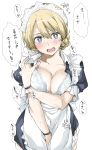  1girl alternate_costume blonde_hair blue_eyes bra bra_pull bracelet breasts cleavage darjeeling_(girls_und_panzer) elf_(stroll_in_the_woods) enmaided girls_und_panzer highres jewelry looking_at_viewer maid maid_headdress medium_breasts open_clothes open_mouth short_sleeves simple_background solo sweat tied_hair translation_request underwear white_background white_bra 